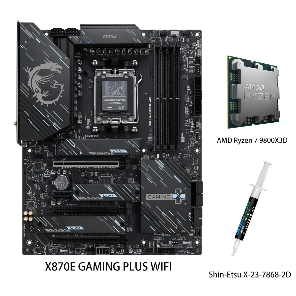 ATX motherboard in dark grey with silver heatsinks and a socketed Ryzen 7 9800X3D CPU
