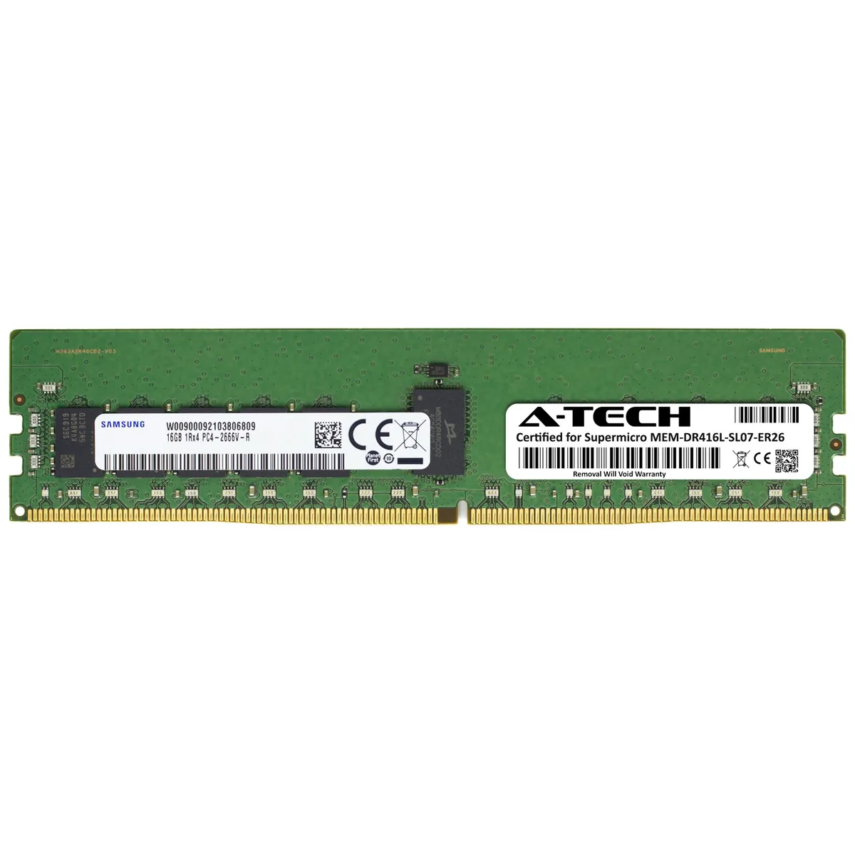 Green 288-pin DDR4 RDIMM module with black Samsung chips and a white label