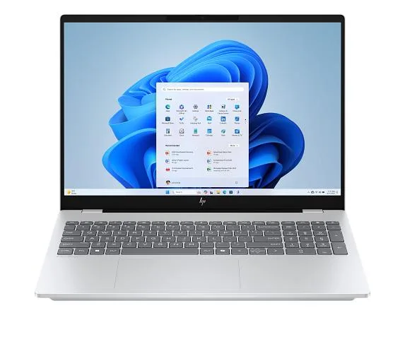 Silver 16-inch laptop with thin screen bezels and flat keyboard
