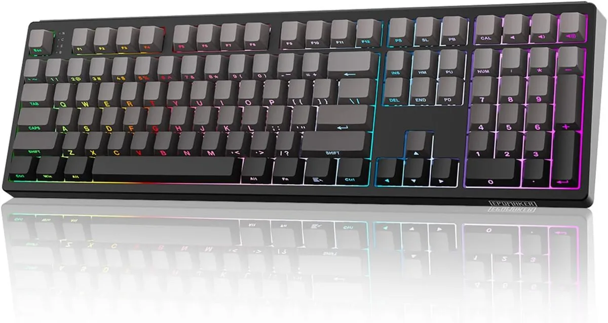 Full-size black mechanical keyboard with 108 keys and PBT keycaps