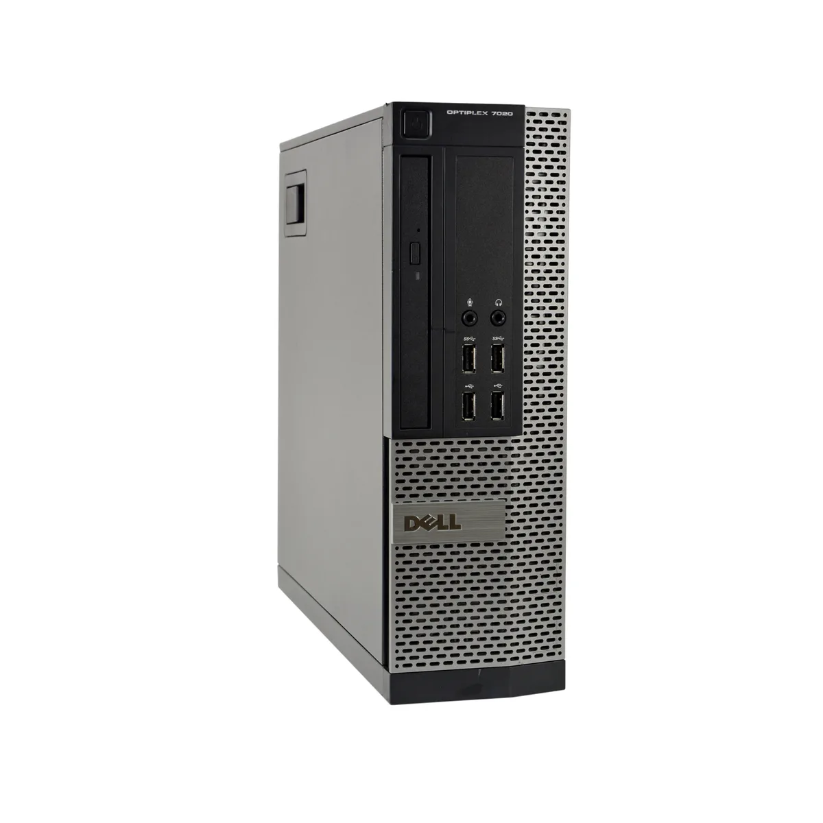 Small black and silver desktop tower with DVD drive