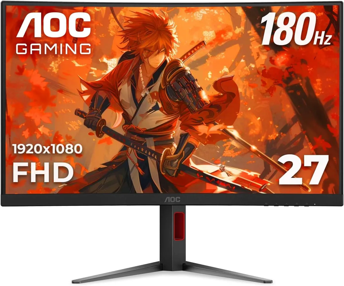 Black 27 inch curved gaming monitor on adjustable stand