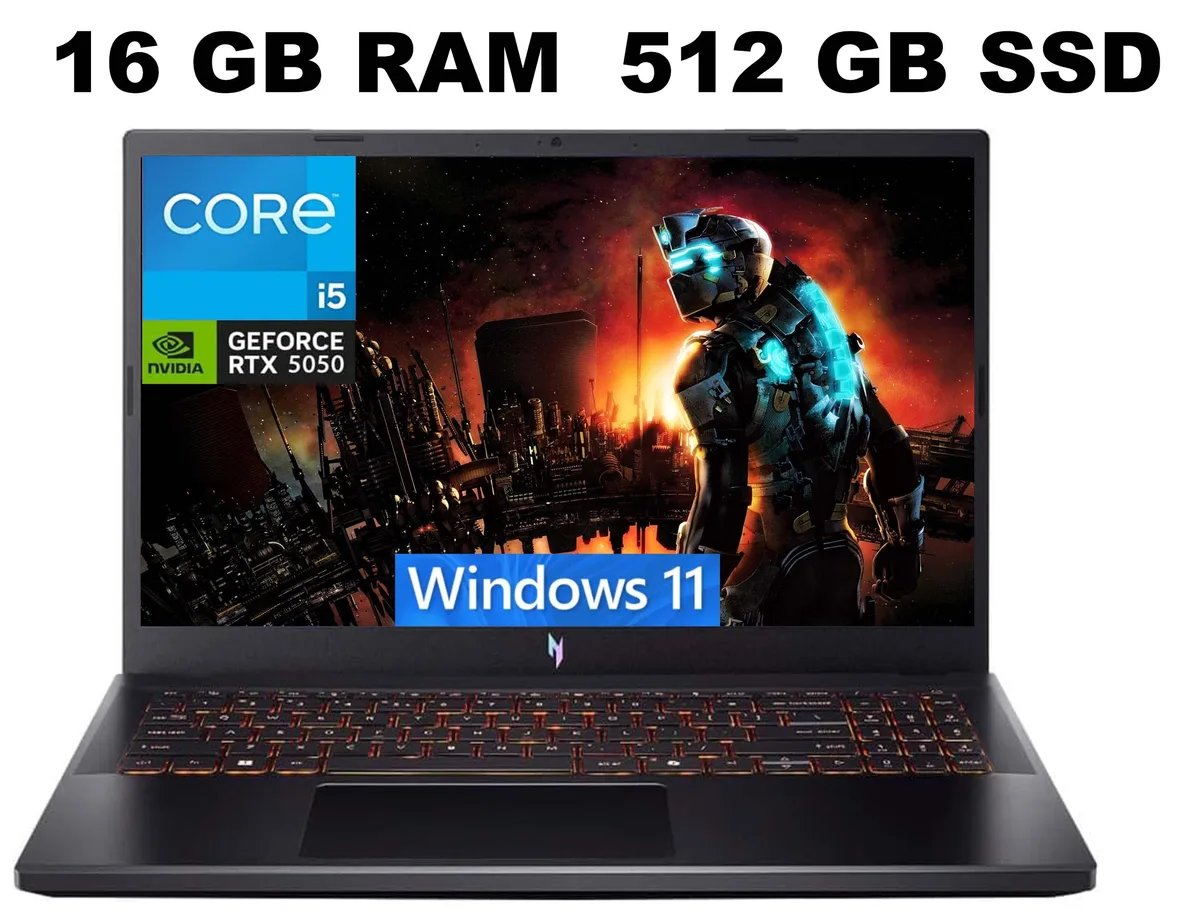 Black 15.6 inch gaming laptop with thin bezels and backlit keyboard