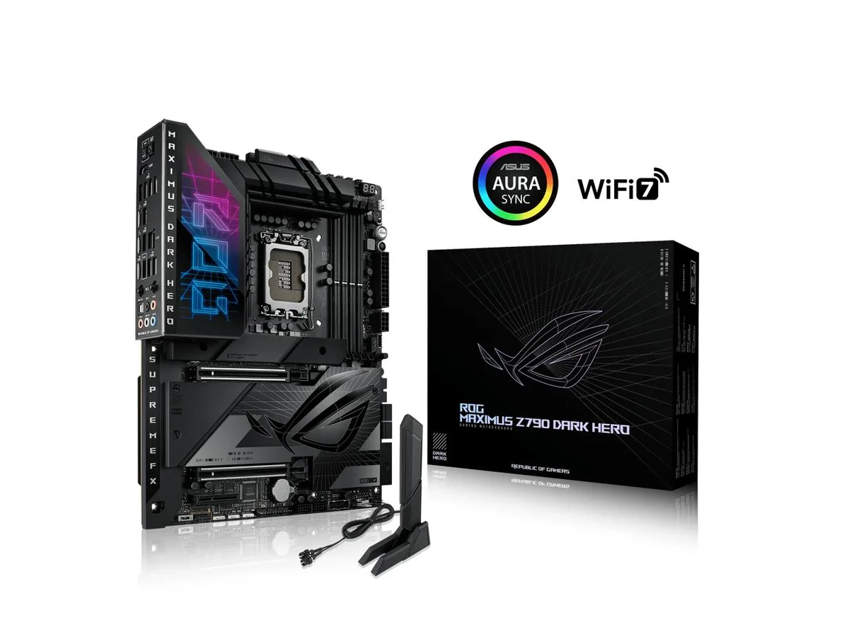 Dark grey ATX motherboard with black heatsinks and silver accents