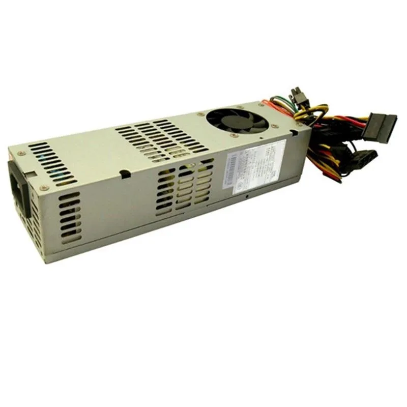 Compact TFX power supply unit with matte black metal casing and rear cooling fan