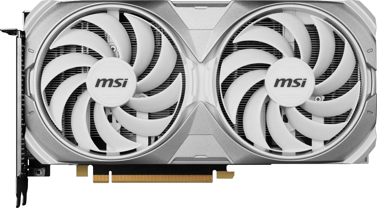 White dual-fan graphics card with silver backplate