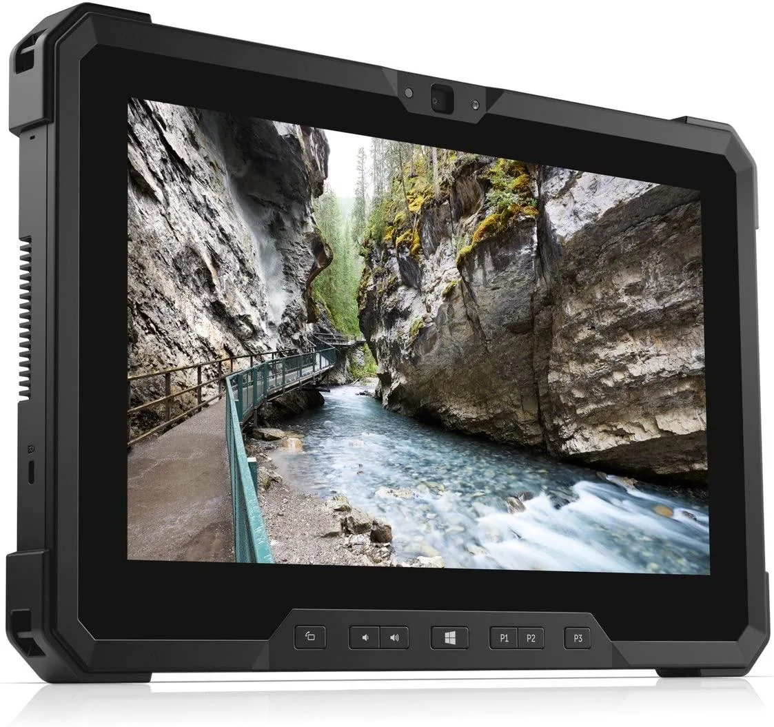 Black rugged 11.6 inch tablet with thick bezel and integrated kickstand