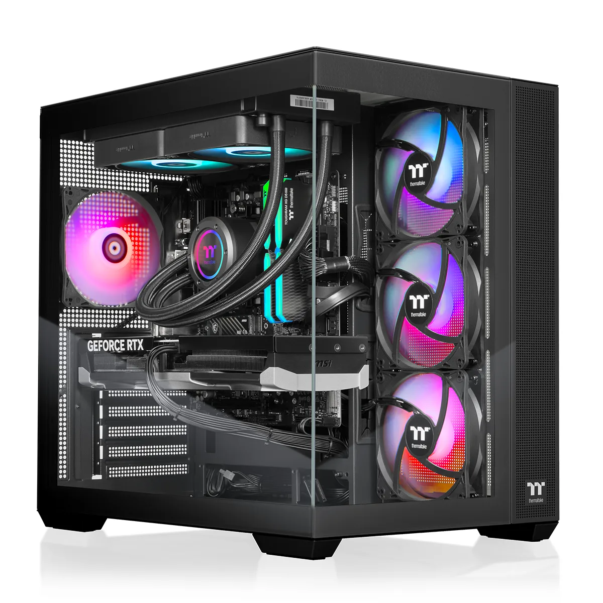 Black mid-tower gaming desktop with tempered glass side panel and visible 240mm ARGB liquid cooler