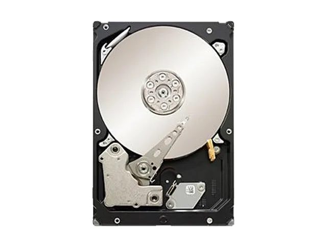 A bare 3.5 inch enterprise hard drive with silver metal casing and exposed circuit board