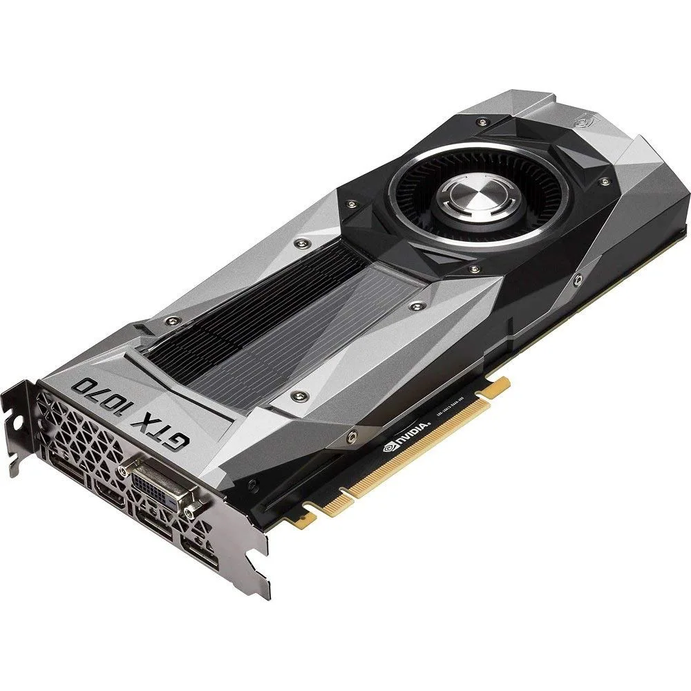 Silver dual-slot graphics card with a single radial fan and angular metal shroud