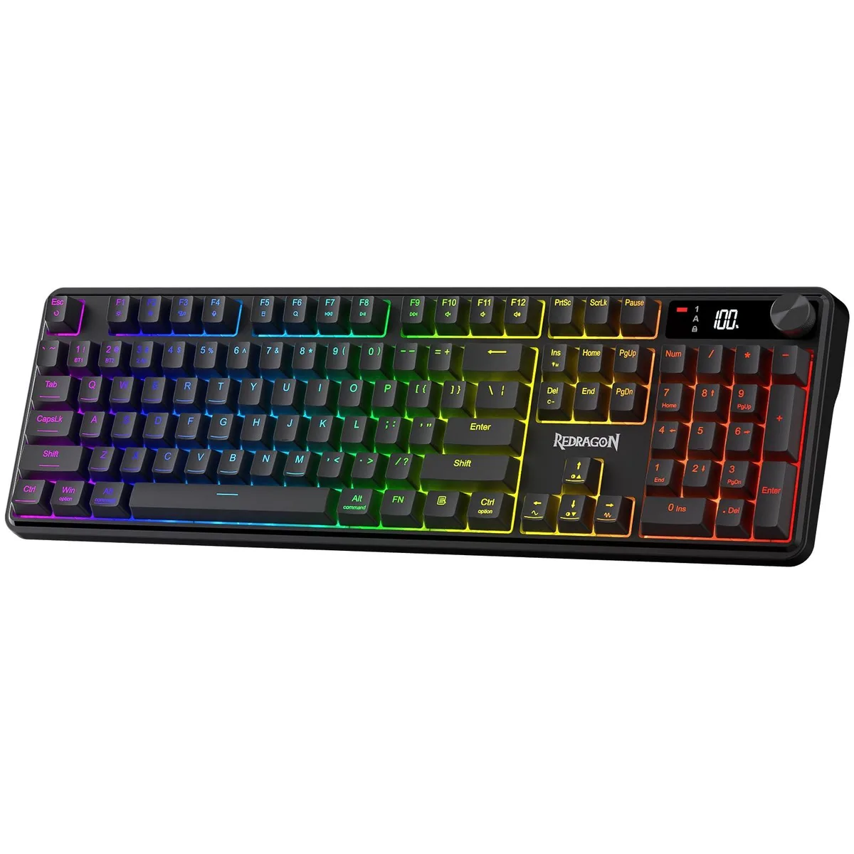 Black full-size wireless membrane gaming keyboard with LED info display and control knob