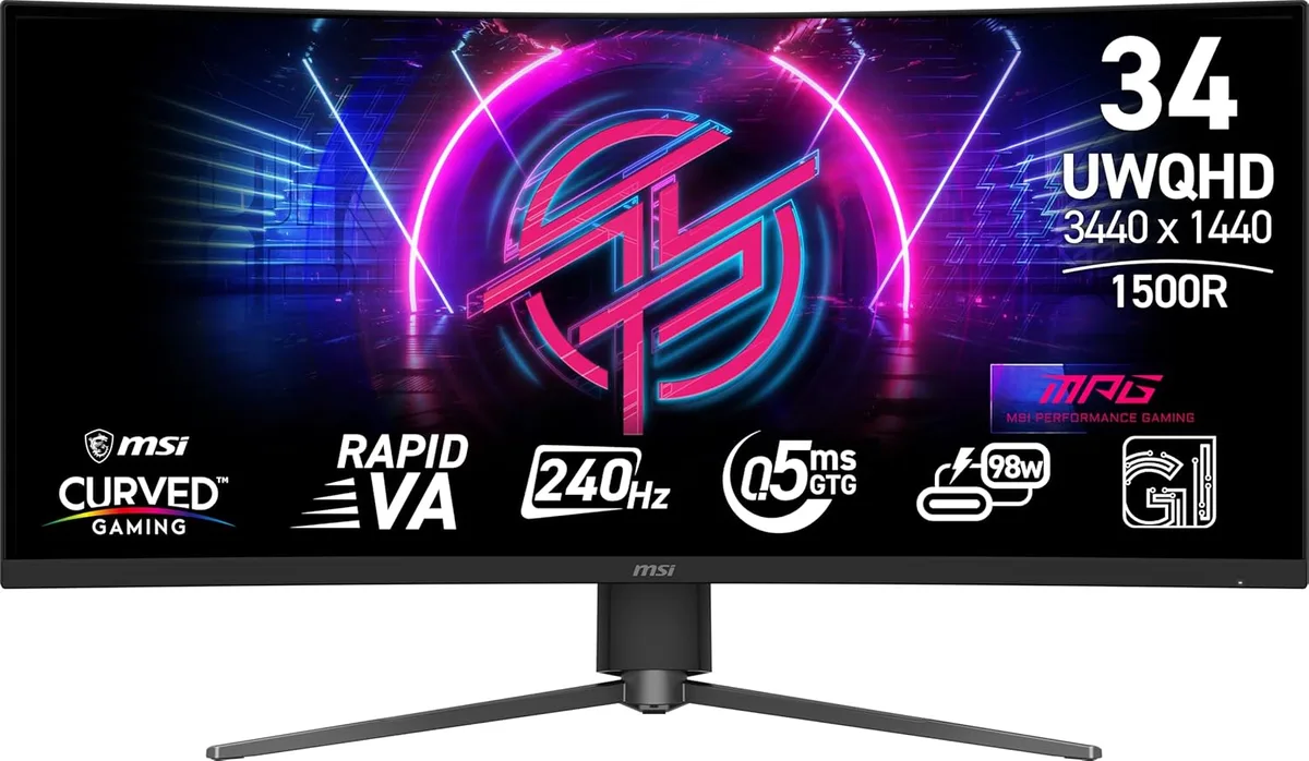 Black 34-inch curved ultra-wide gaming monitor on adjustable stand