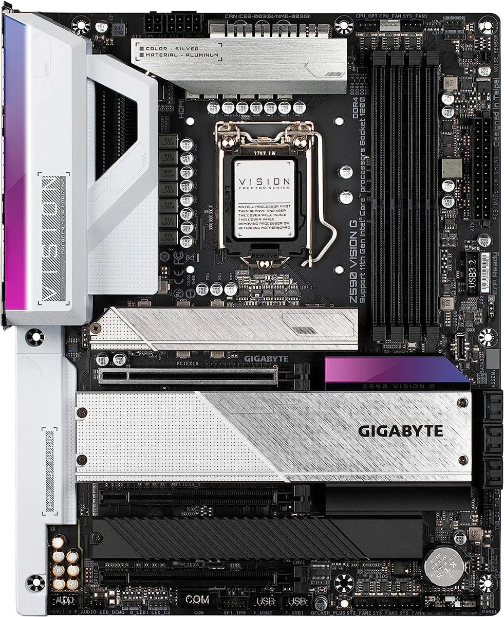 ATX motherboard in silver and white finish with integrated I/O shield