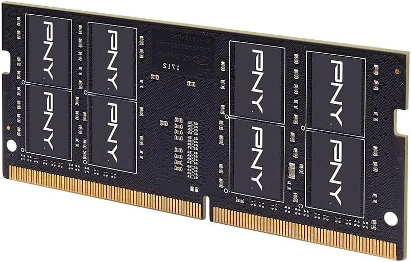 Green printed circuit board with black memory chips and gold edge contacts