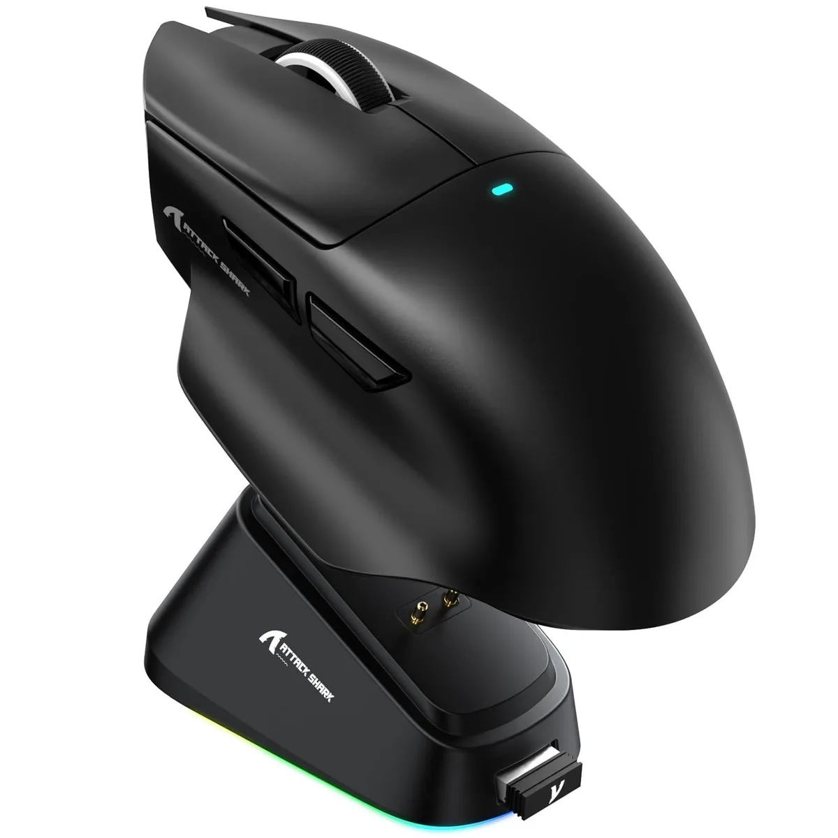 Black wireless gaming mouse with ergonomic right-hand shape and RGB magnetic charging dock