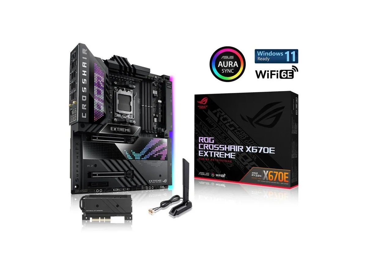 Rectangular EATX motherboard dark finish large VRM heatsinks integrated I/O cover five M.2 heatsinks Wi-Fi antenna included