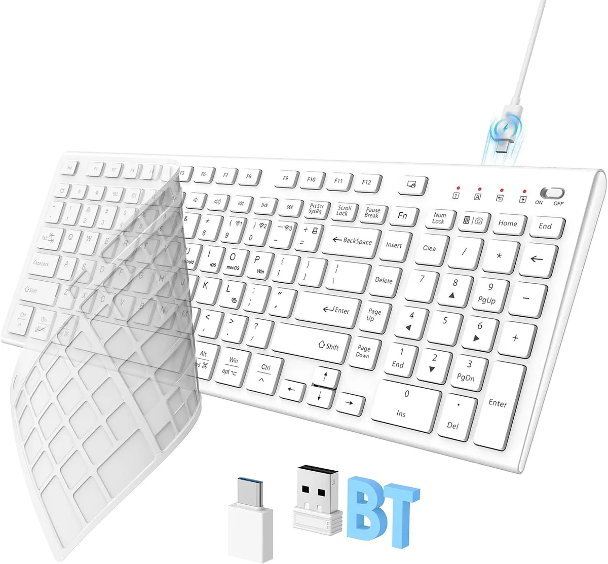White full-size wireless gaming keyboard with numeric keypad, low-profile keys and silicone cover