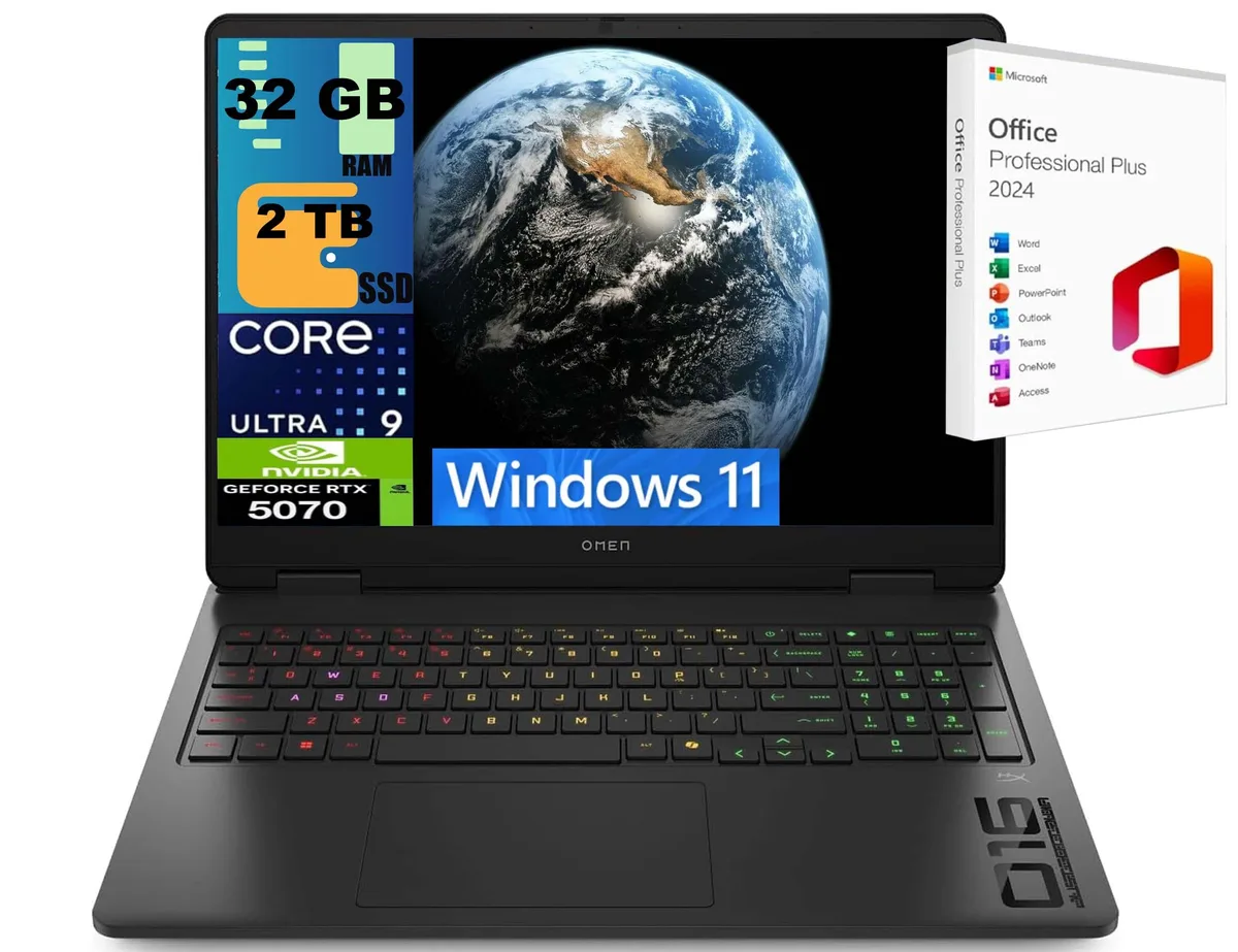 Black gaming laptop with 16.1 inch screen and backlit keyboard