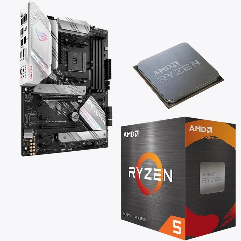 White ATX motherboard with silver heatsinks and black PCB, plus boxed Ryzen 5 5500 CPU