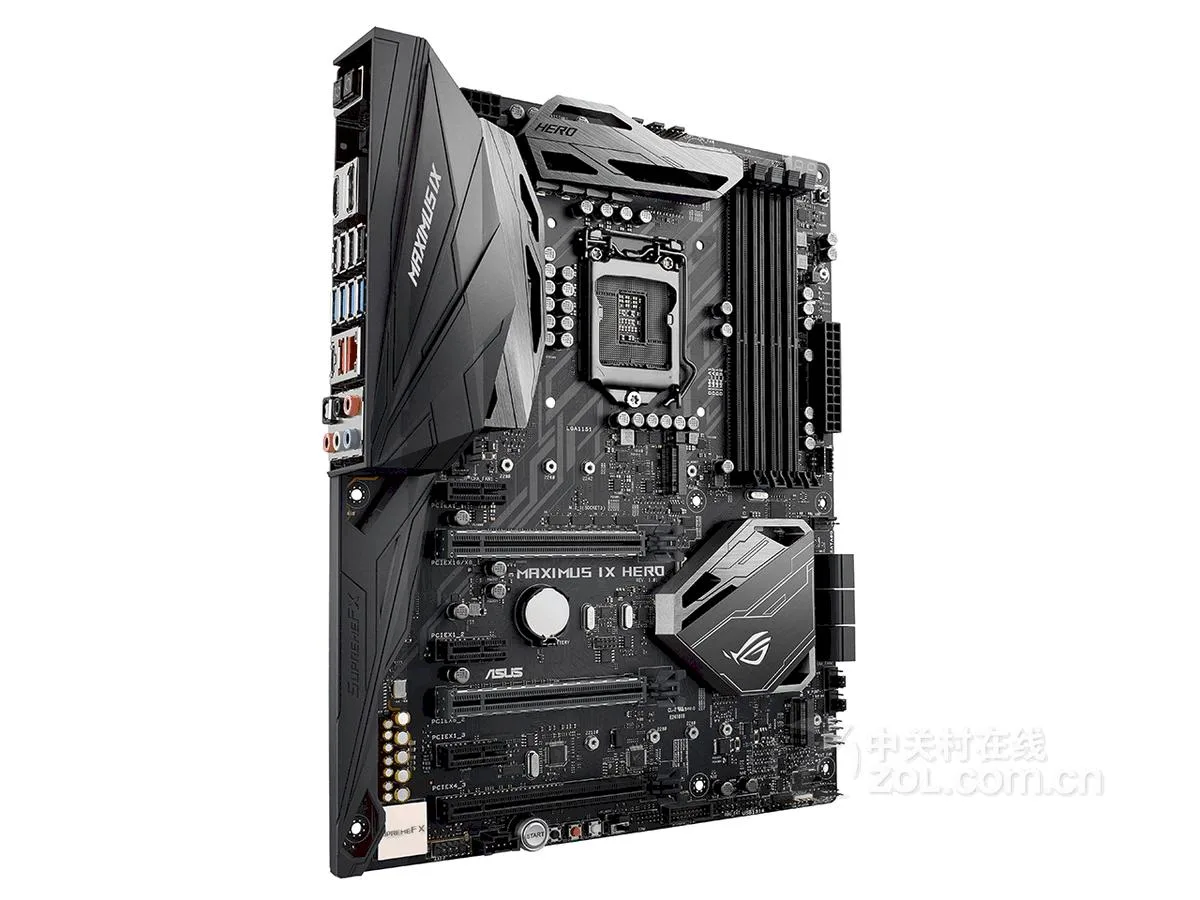 ATX motherboard with black PCB and metallic heatsinks