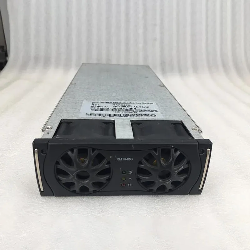 Rectangular metal power supply unit with front LED display and ventilation grille