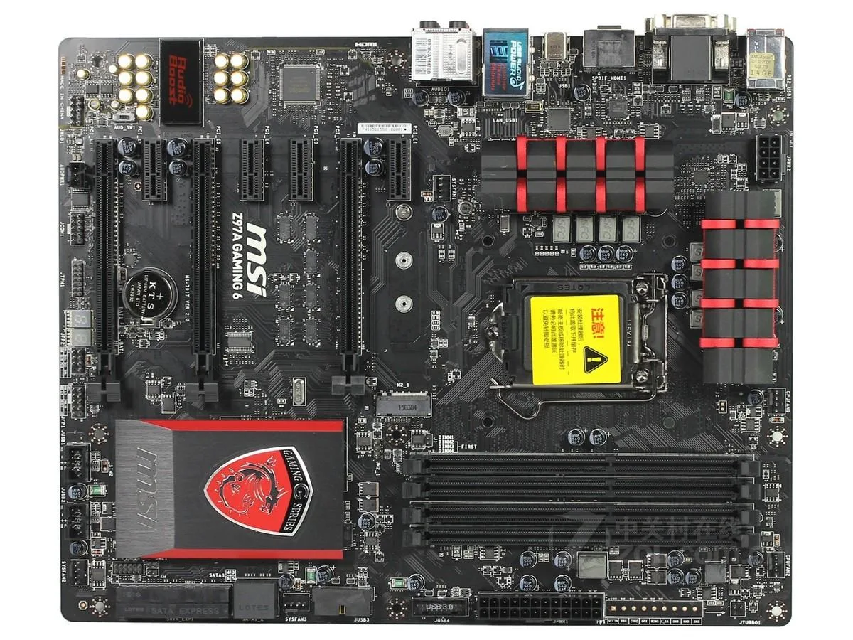 Black ATX motherboard with red accents and metal-reinforced PCIe slots