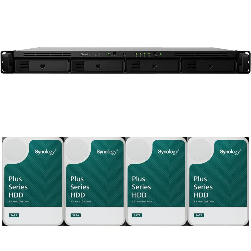Silver 1U rackmount NAS, four drive bays visible, front panel LEDs, compact server chassis