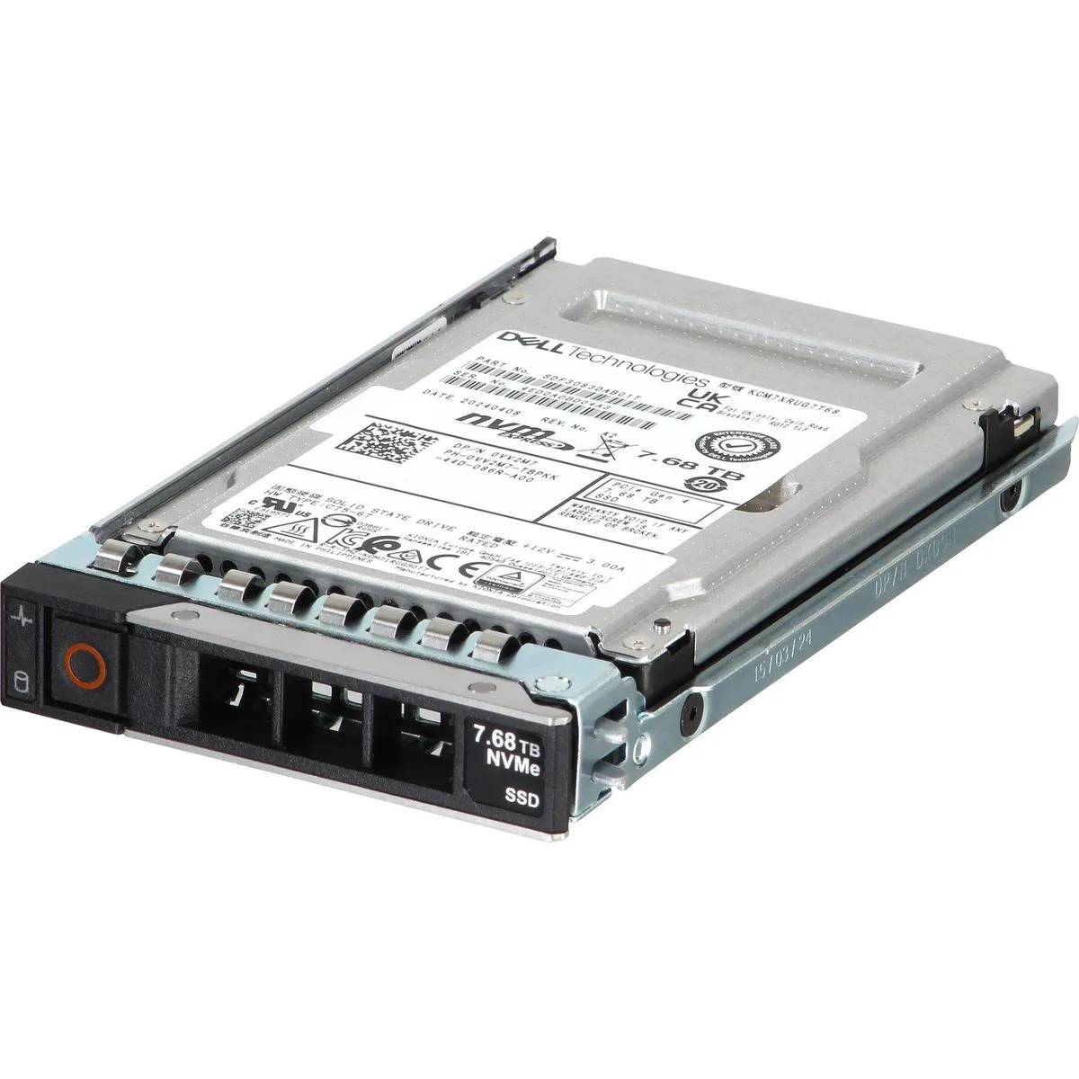 A silver 2.5 inch enterprise SSD with a label showing 7.68TB capacity
