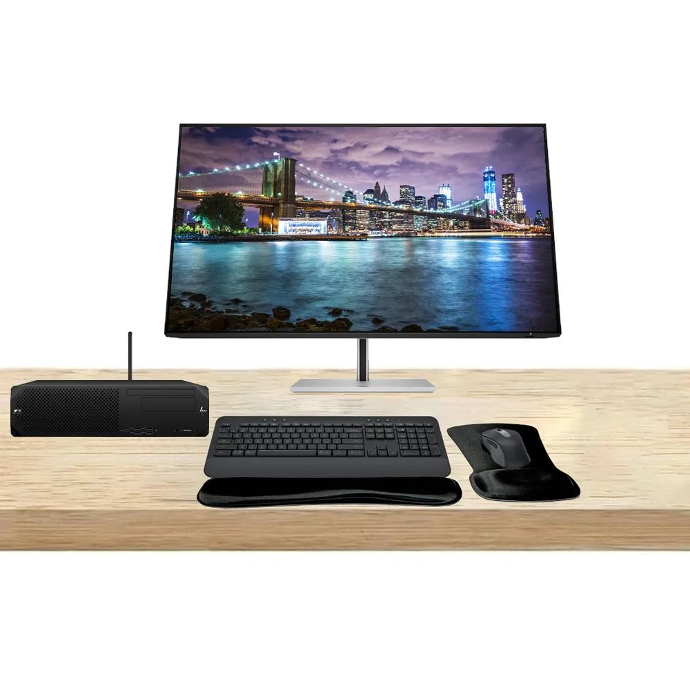 Compact black HP Z2 SFF G9 workstation with 32-inch 4K IPS monitor, wireless keyboard, mouse and WiFi adapter