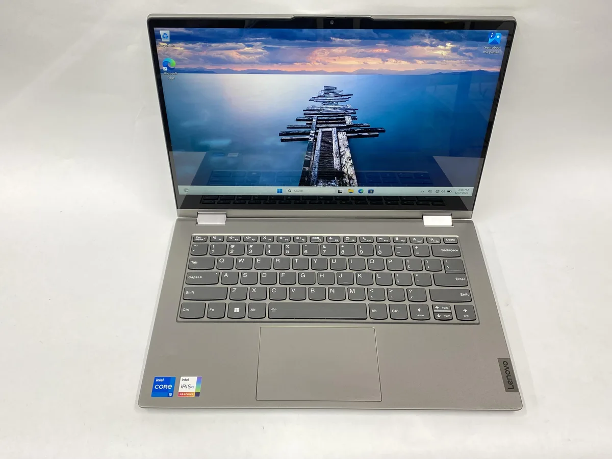 Silver Lenovo 14s Yoga G3 laptop open showing 14 inch touchscreen display