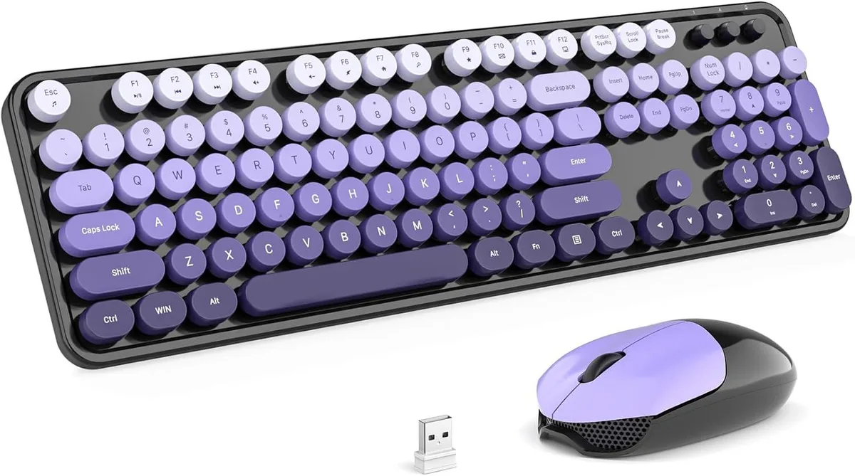Full-size wireless keyboard and mouse in black-to-purple gradient finish