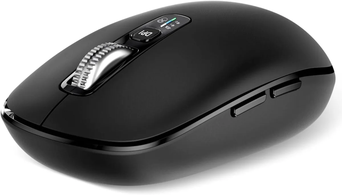 Ergonomic wireless mouse with stainless steel scroll wheel and multi-device indicator lights