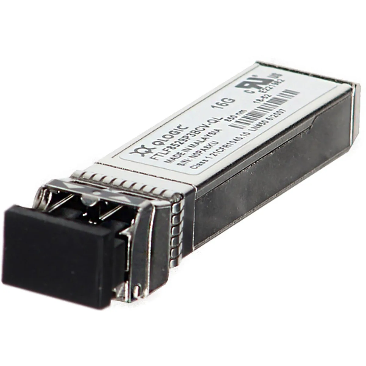 Small rectangular SFP+ transceiver module with LC duplex port, matte metal body and side label