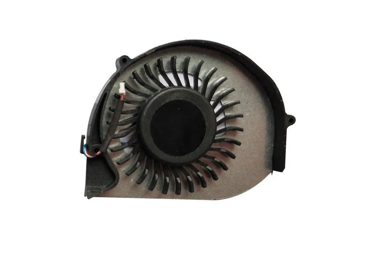 Small black laptop CPU cooling fan with plastic housing and wire connector