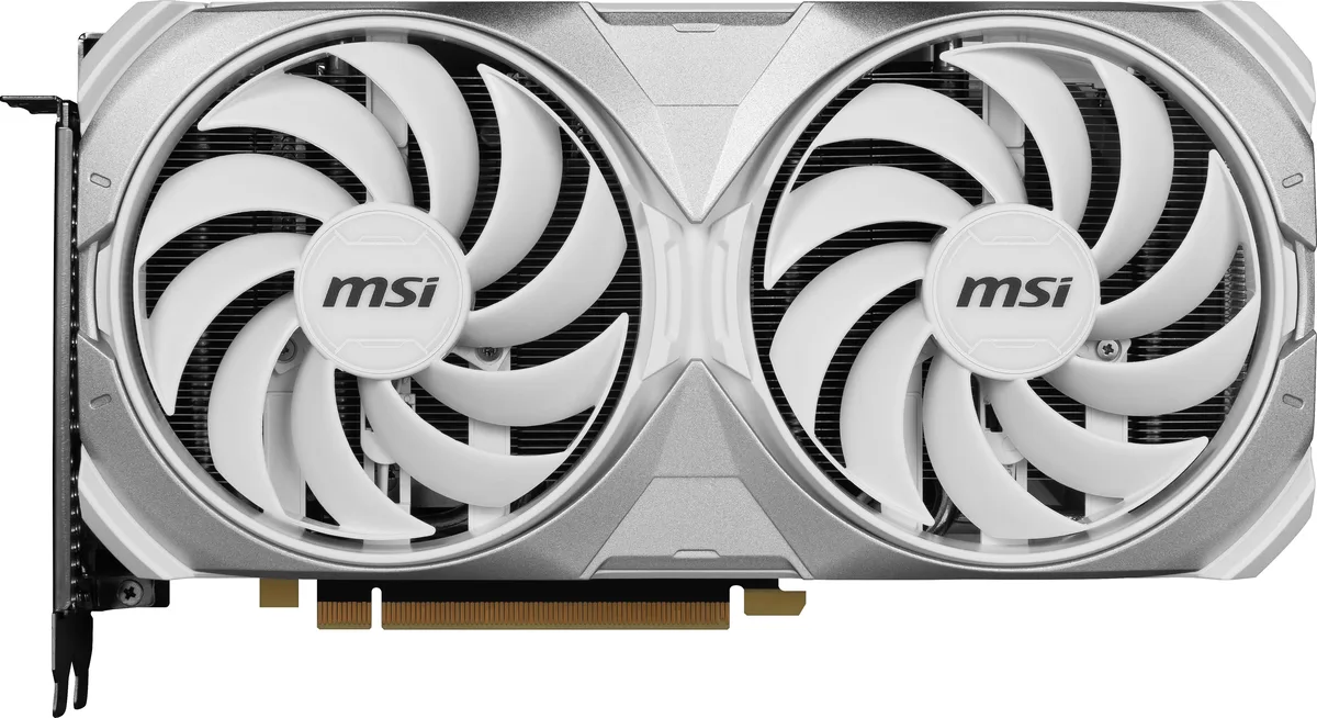 White dual-fan graphics card with silver accents and backplate