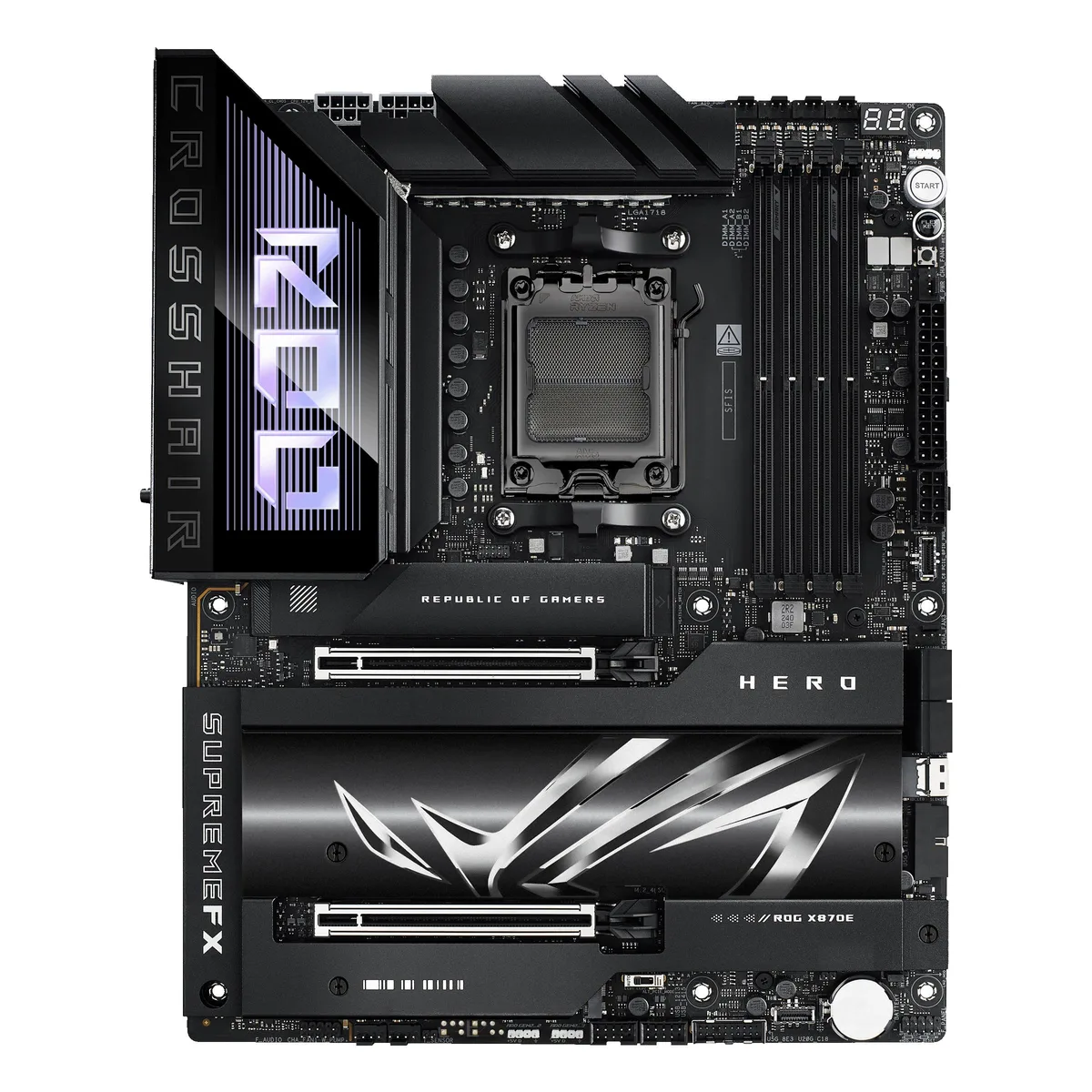 ASUS ROG Crosshair X870E Hero ATX motherboard with dark metallic finish and prominent heatsinks