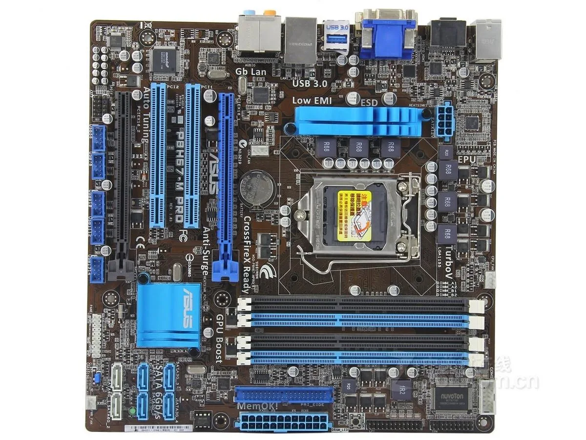 Green Micro ATX motherboard with silver CPU socket and blue memory slots