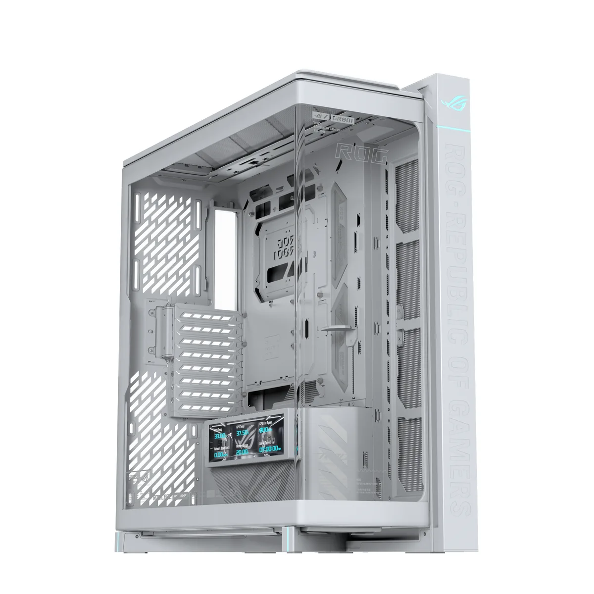 White full-tower case with curved tempered-glass side panel and hinged 9.2-inch LCD screen module