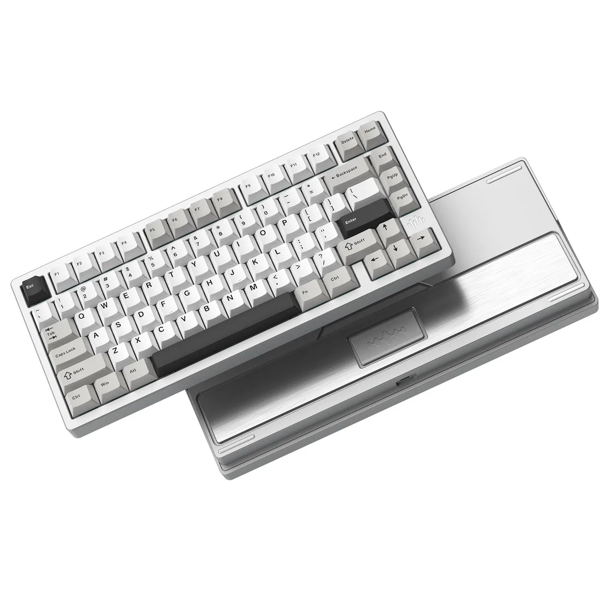 Silver aluminium 75% wireless mechanical keyboard, compact rectangular form with RGB backlighting