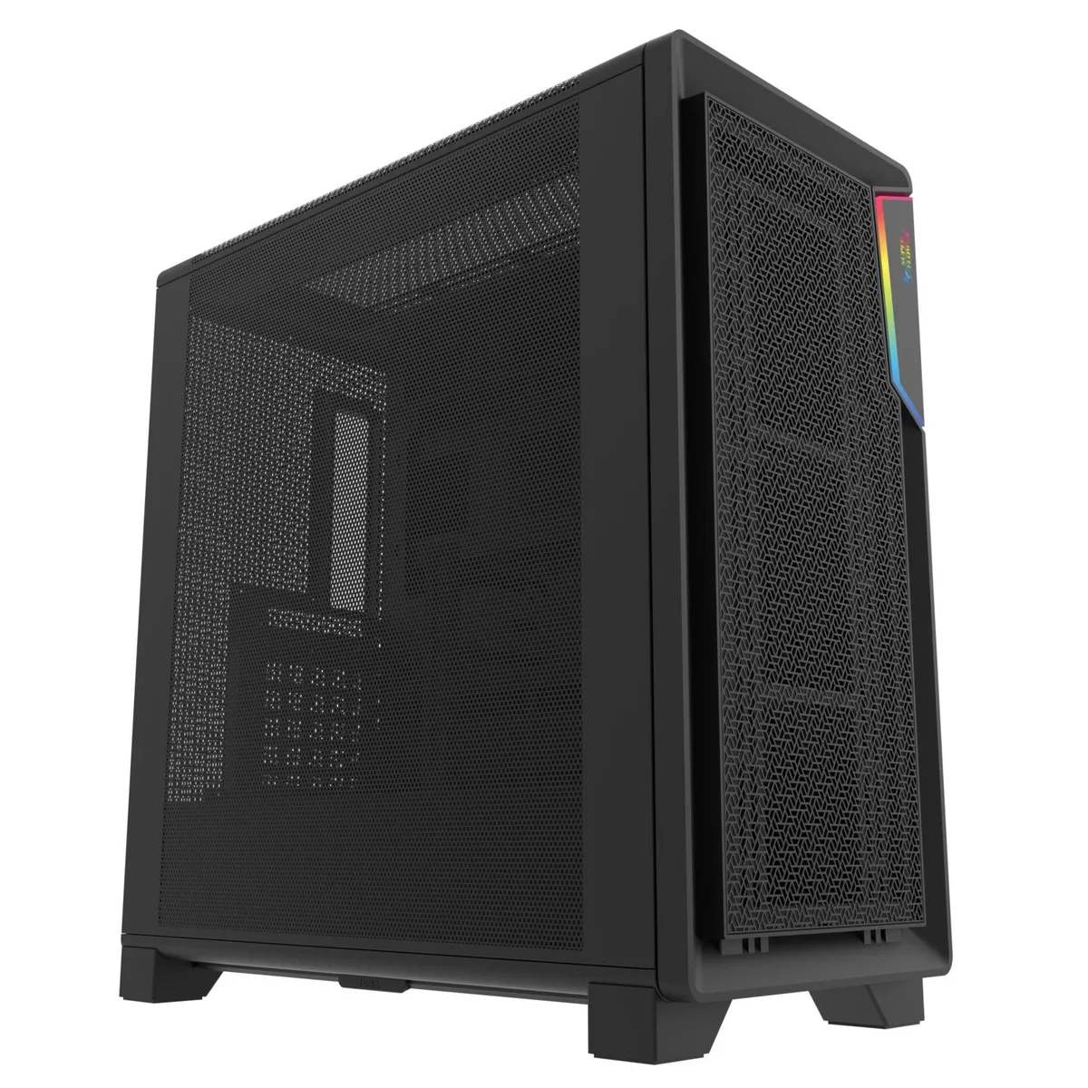Black steel ATX mid-tower case with full mesh panels and sloped front airflow design