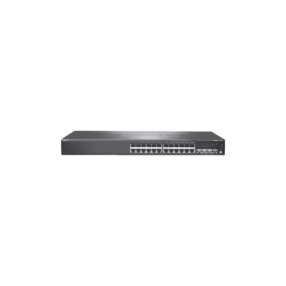 Silver 1U rack-mountable Ethernet switch, 24 RJ-45 ports, four SFP slots, front status LEDs