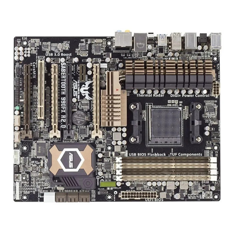 ASUS SABERTOOTH 990FX R2.0 ATX motherboard in brown and black camouflage finish