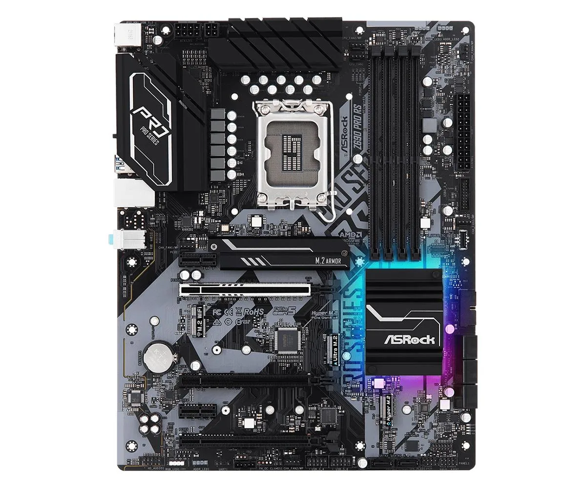 Rectangular ATX motherboard with dark PCB and silver heatsinks