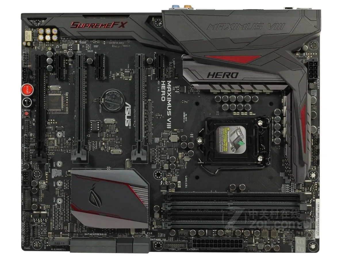 ATX motherboard, black PCB with silver heatsinks, LGA 1151 socket, DDR4 slots, I/O shield included