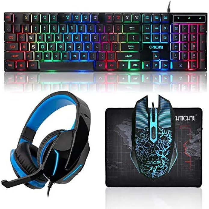 Black wired gaming keyboard, mouse, headset and mousepad bundle with rainbow LED lighting