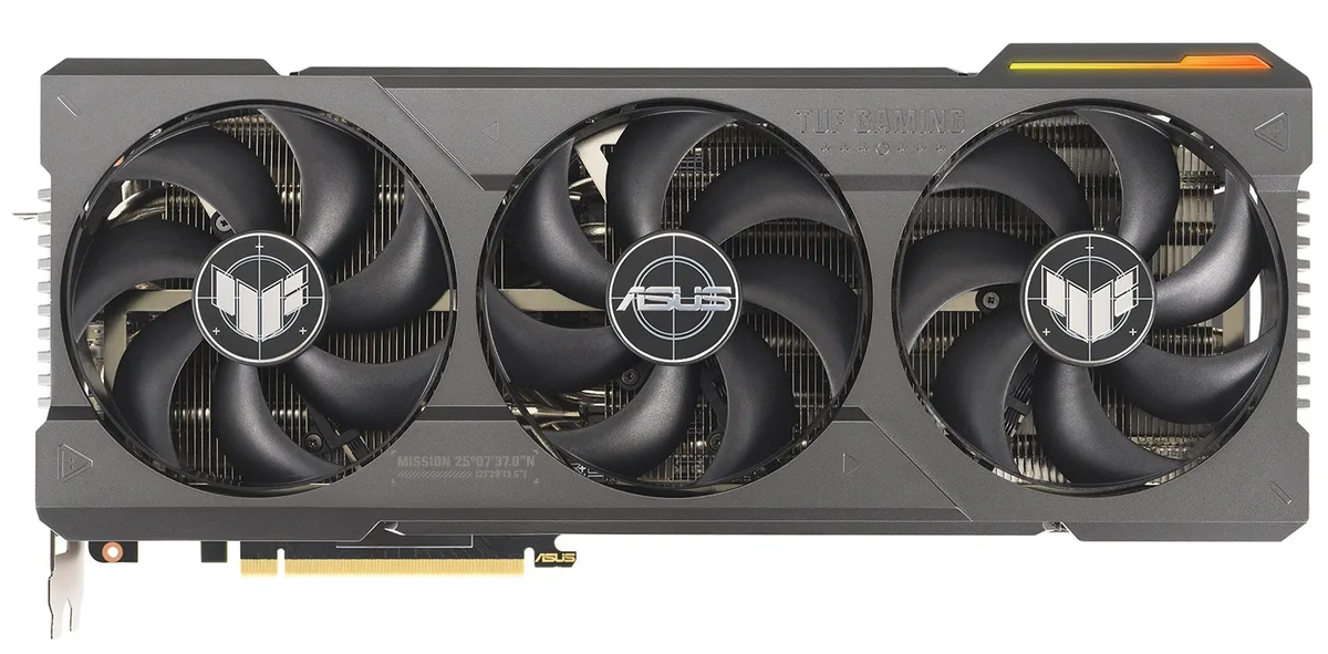 ASUS TUF Gaming GeForce RTX 4080 graphics card with triple axial-tech fans and metal exoskeleton in matte black finish