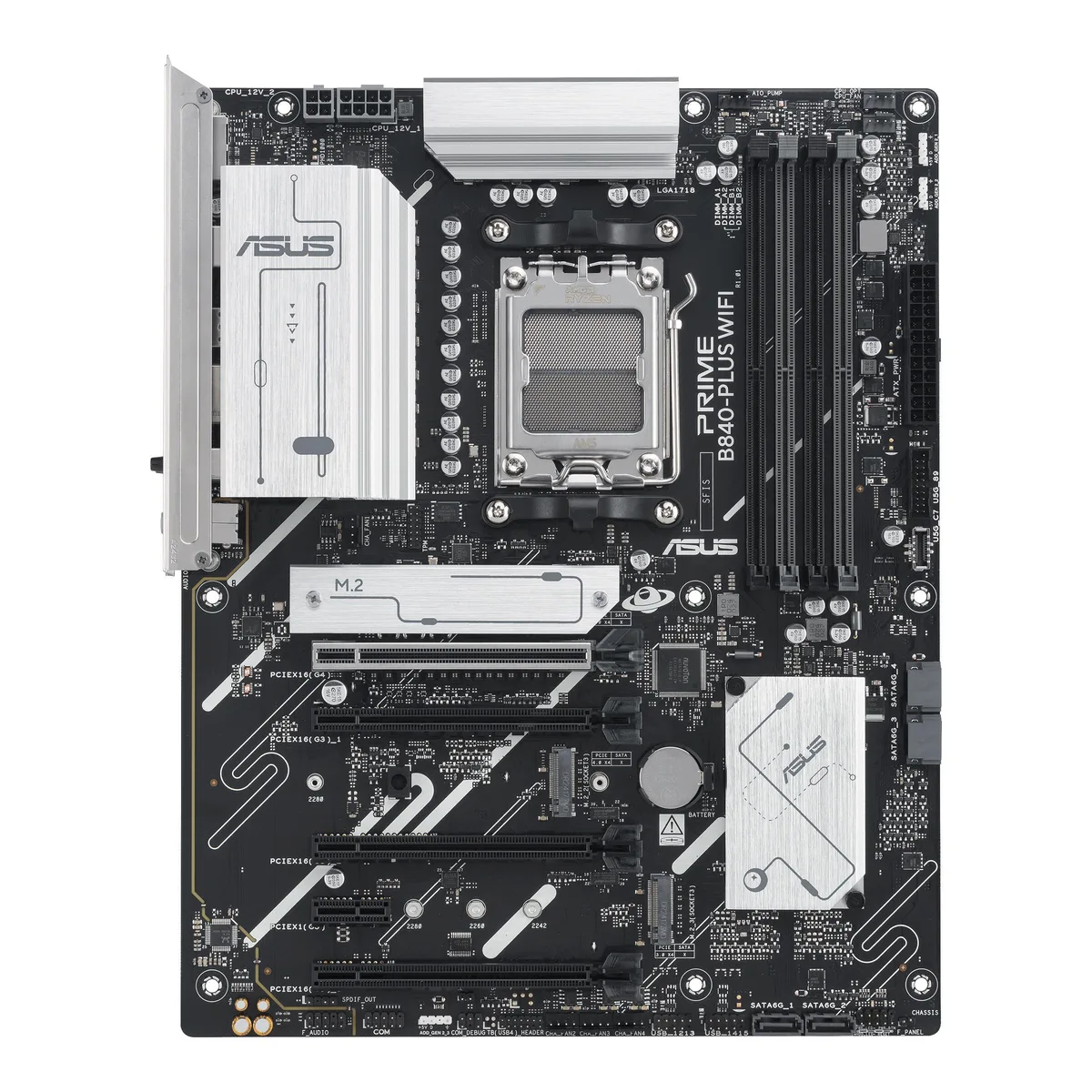ATX motherboard in black with silver heatsinks and rear I/O shield