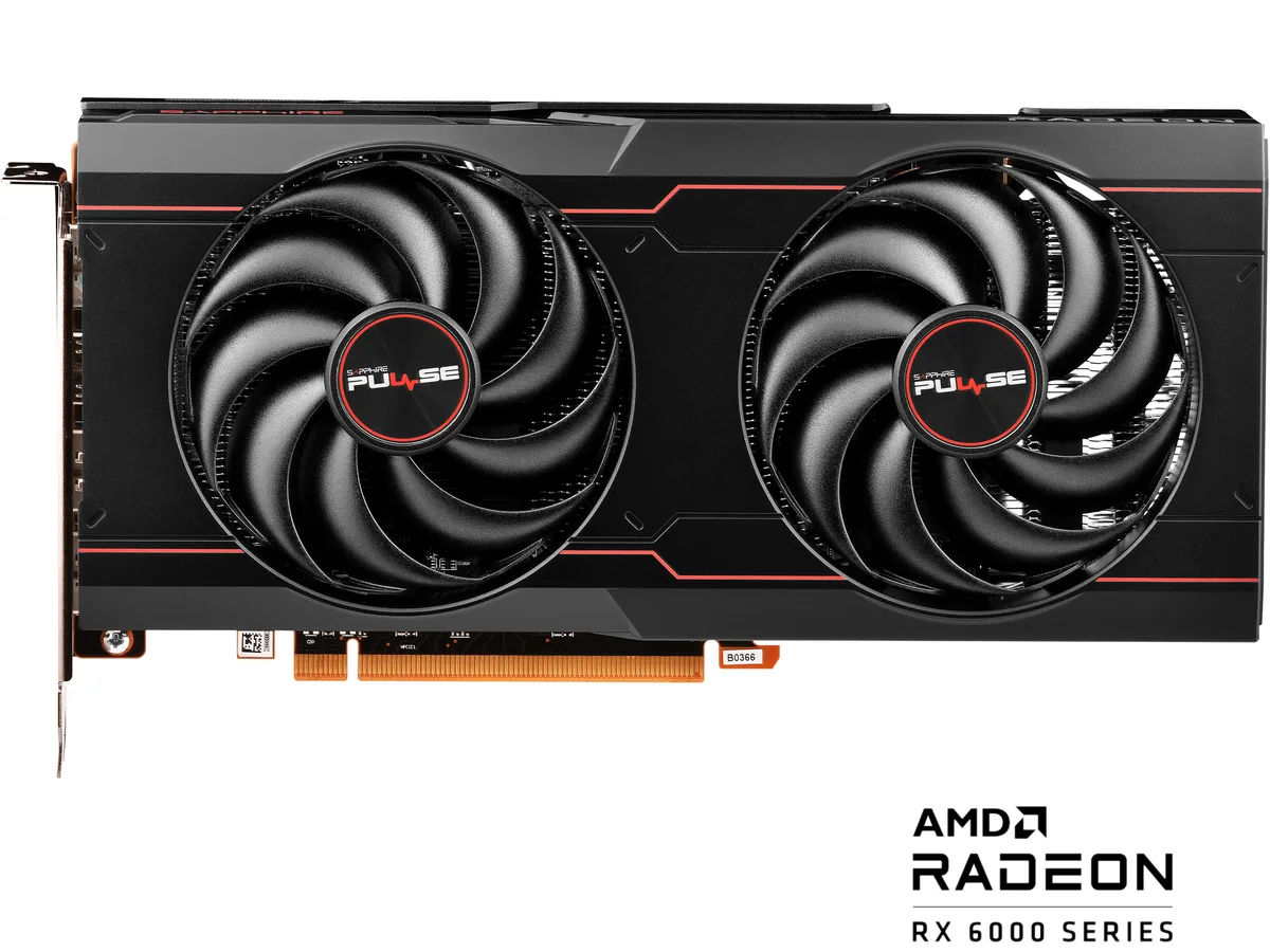 Dual-fan Pulse Radeon RX 6600 XT graphics card with silver shroud and black backplate