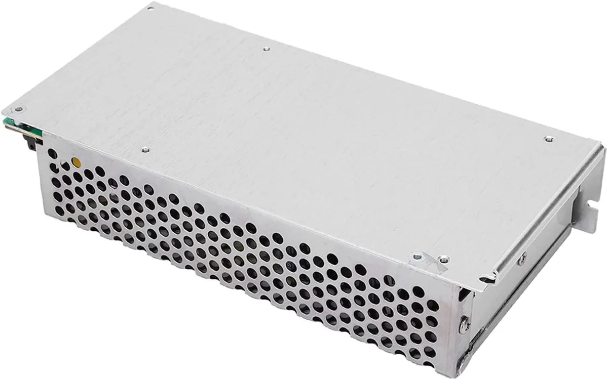 Pink aluminium power supply, compact rectangular block with terminal connections
