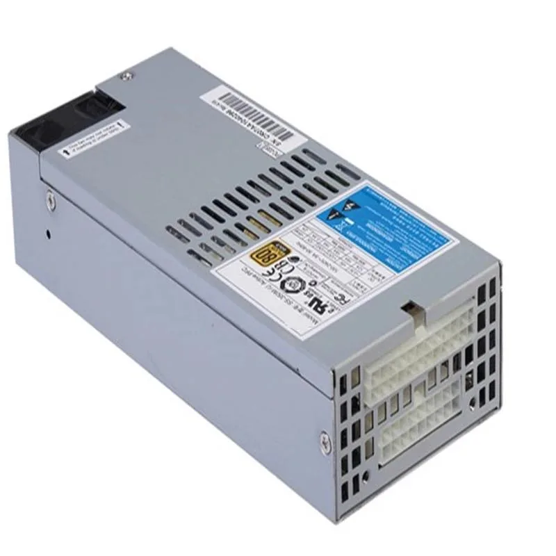 Compact 1U silver power supply unit with rear fan grille and side ventilation slots